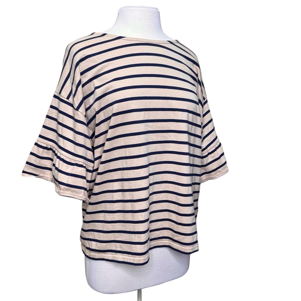 J. Crew Cream and Navy Striped Boatneck Short Sleeve Top